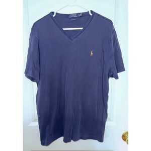Polo Ralph Lauren V-neck T-shirt Mens Size Adult X-Large Navy Blue Brown Pony